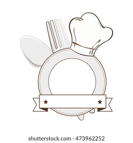 food plate silverware chef hat kitchen label vector illustration