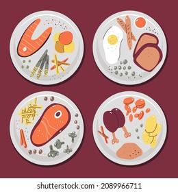 Food plate top view vector cartoon set isolated on background.
