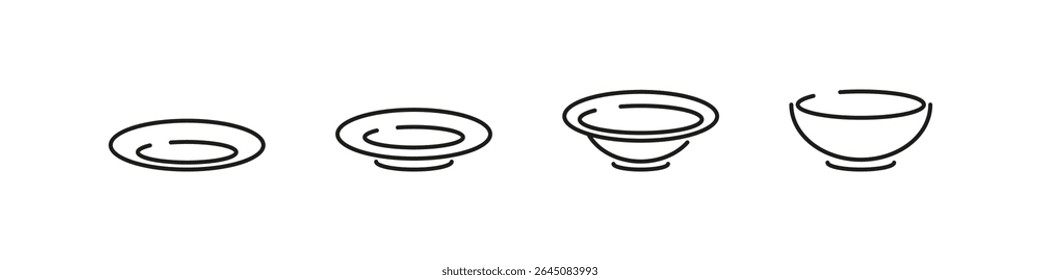 Food plates icons in outline vector style. Dining and meal serving symbol collection