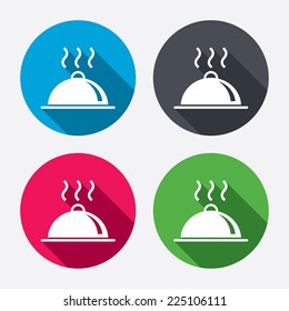 Food platter serving sign icon. Table setting in restaurant symbol. Hot warm meal. Circle buttons with long shadow. 4 icons set. Vector