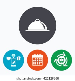 Food platter serving sign icon. Table setting in restaurant symbol. Mobile payments, calendar and wifi icons. Bus shuttle.