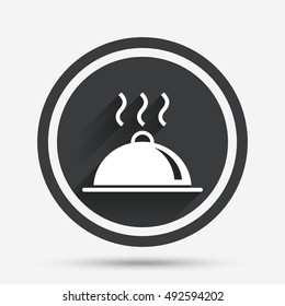 Food platter serving sign icon. Table setting in restaurant symbol. Hot warm meal. Circle flat button with shadow and border. Vector