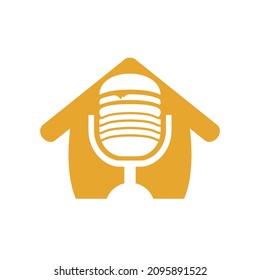 Food podcast vector logo design. Burger and mic with home shape icon design.	