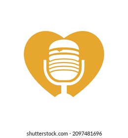 Food podcast vector logo design. Burger and mic with heart shape icon design.	