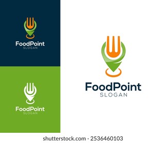Food point logo. Cultery with pin location  vector logo design.