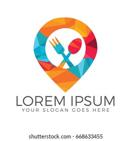 Food point logo design. Spoon, fork and pin sign logo template.