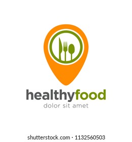 Food point logo set consisting of spoon, fork and pin for use cafe, vegan shop, healthy food store, farm fresh market, natural product firm etc. Vector Illustration