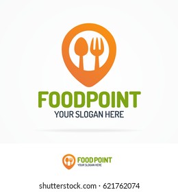 Food point logo set consisting of spoon, fork and pin for use cafe, vegan shop, healthy food store, farm fresh market, natural product firm etc. Vector Illustration