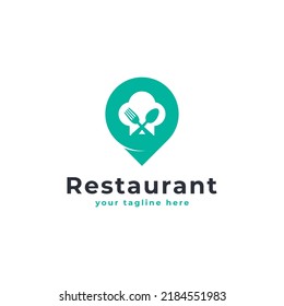 Food Point Logo. Toque Blanches and Pin Location Logo Combination. Suitable for Restaurant Icon