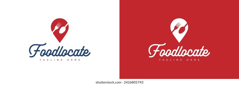 Food Point-Logo-Vektor-Illustration. Standort-Pin mit Löffel-Logo-Vorlage