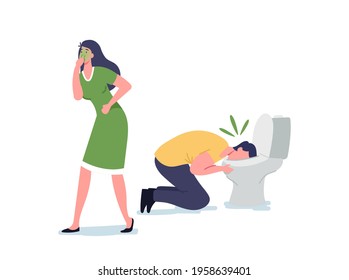 Food Poisoning, Contaminated Products Concept. Sick Male and Female Characters Nausea and Vomit in Toilet Bowl after Eating Poisoned Meal. People Gastrointestinal Problem. Cartoon Vector Illustration