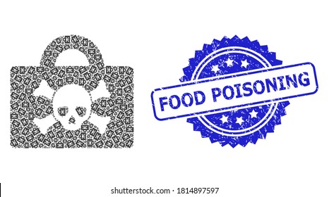 Food Poisoning dirty seal and vector fractal collage mortal case. Blue stamp seal includes Food Poisoning title inside rosette. Vector collage is created from repeating rotated mortal case items.