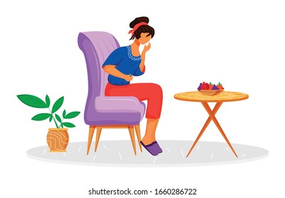 Food poisoning flat color vector faceless character. Woman suffering abdominal pain. Person with stomach ache. Female with menstruation cramps. Symptom of disease isolated cartoon illustration