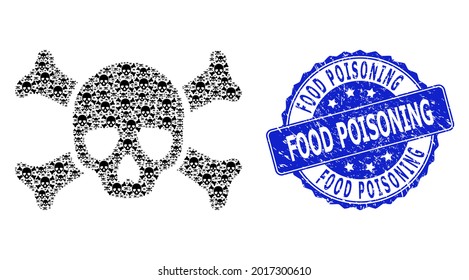 Food Poisoning textured round stamp seal and vector recursion collage death skull. Blue stamp seal has Food Poisoning caption inside round shape.