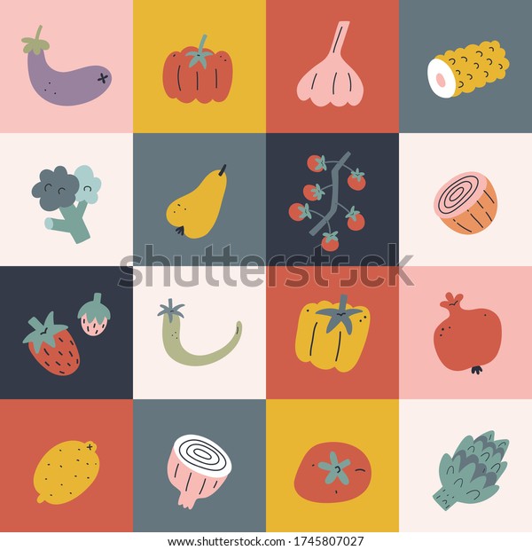 食べ物ポップアートポスター 野菜と果物の手描きのイラスト 四角いブロックにコショウ トマト ナシの果実 現代のキッチンプリント装飾 インテリアデザインのアートワーク のベクター画像素材 ロイヤリティフリー