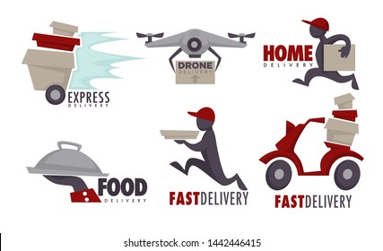 Food and post delivery service isolated icons drone and transport vector drone with box and man in cap carrying pizza scooter or moped with parcels and tray with cover on hand transportation.