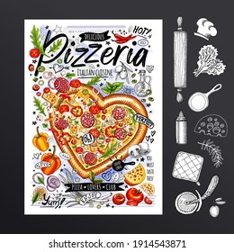 Food poster, ad, fast food, ingredients, pizzeria menu, pizza, heart. Sliced veggies, cheese, pepperoni, splash. Yummy cartoon style isolated. Hand drawn vector