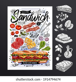 Food Poster, Ad, Fast Food, Ingredients, Menu, Sandwich, Sub, Snack. Sliced Veggies, Cheese, Ham, Bacon. Yummy Cartoon Style, Isolated. Hand Drew Vector