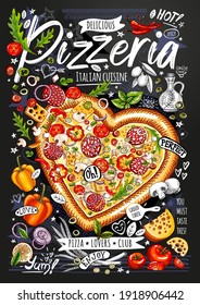 Food poster, ad, fast food, ingredients, pizzeria menu, pizza, heart. Sliced veggies, cheese, pepperoni, splash. Yummy cartoon style isolated. Hand drew vector