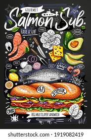 Food Poster, Ad, Fast Food, Ingredients, Menu, Sandwich, Sub, Snack. Sliced Veggies, Cheese, Salmon, Avocado. Yummy Cartoon Style Isolated. Hand Drew Vector