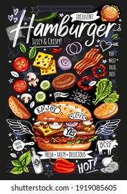 Food poster, ad, fast food, ingredients, menu, burger. Sliced veggies, bun, cutlet, cheese, meat, bacon. Yummy cartoon style isolated. Hand drew vector