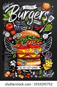 Food poster, ad, fast food, ingredients, menu, burger. Sliced veggies, bun, cutlet, cheese, meat, bacon. Yummy cartoon style isolated. Hand drew vector