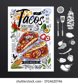 Food poster, ad, fast food, menu, mexican cuisine, nachos, burritos, tacos, snack. Avocado, cheese, bean, corn, chicken. Yummy cartoon style isolated. Hand drawn vector