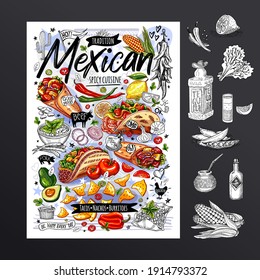 Food poster, ad, fast food, menu, Mexican cuisine, nachos, burritos, tacos, snack. Avocado, cheese, bean, corn, chicken. Yummy cartoon style, isolated. Hand drew vector.