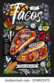 Food poster, ad, fast food, menu, mexican cuisine, nachos, burritos, tacos, snack. Avocado, cheese, bean, corn, chicken. Yummy cartoon style isolated. Hand drawn vector