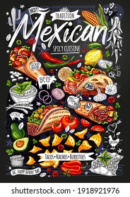 Food poster, ad, fast food, menu, Mexican cuisine, nachos, burritos, tacos, snack. Avocado, cheese, bean, corn, chicken. Yummy cartoon style isolated. Hand drew vector