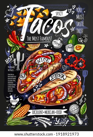 Food poster, ad, fast food, menu, mexican cuisine, nachos, burritos, tacos, snack. Avocado, cheese, bean, corn, chicken. Yummy cartoon style isolated. Hand drawn vector