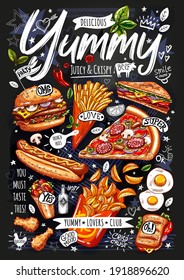 Food poster, ad, fast food, set, menu, burger, pizza slice, sandwich, roll, chiken, fries, hot dog, grilled eggs, snack. Yummy cartoon style isolated. Hand drawn vector