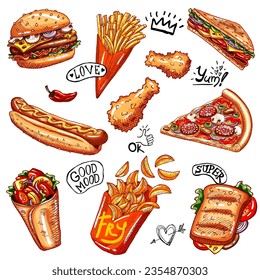 Food poster, ad, fast food, set, menu, burger, pizza slice, sandwich, roll, chiken, fries, hot dog, grilled snack. Yummy cartoon style isolated. Hand drawn vector 