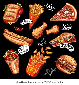 Food poster, ad, fast food, set, menu, burger, pizza slice, sandwich, roll, chiken, fries, hot dog, grilled snack. Yummy cartoon style isolated. Hand drawn vector 