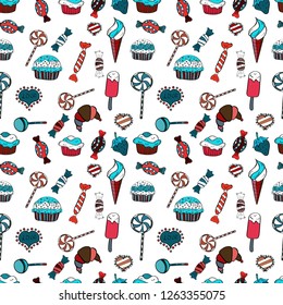 For food poster design. Cake muffin cute seamless pattern. Vector. Nice birthday pattern on white, blue and black.