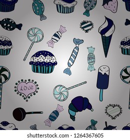 For food poster design. Cake muffin cute seamless pattern. Nice birthday pattern on white, black and blue. Vector.