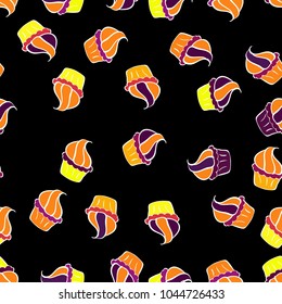 For food poster design. Cute birthday pattern on black, orange and purple. Vector. Seamless cupcake, fairy cake.