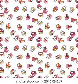 For food poster design on black, orange and white. Vector illustration. Wrapping paper. Seamless with cupcakes.