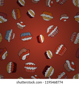 For food poster design on orange, white and black. Vector illustration. Wrapping paper. Seamless with cupcake.
