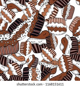 For food poster design on white, brown and black. Vector illustration. Wrapping paper. Seamless with cupcake.