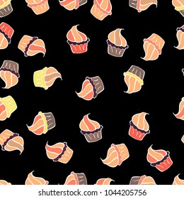 For food poster design. Seamless cupcake, fairy cake. Cute birthday pattern on black, beige and white. Vector.