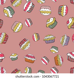 For food poster design. Seamless pattern cake. Bright birthday pattern on pink, white and yellow. Vector illustration.