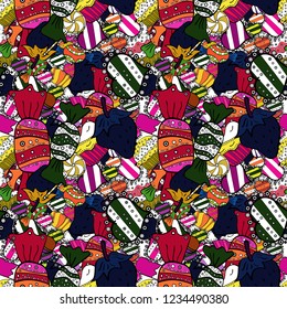 For food poster design. Seamless pattern cake. Vector illustration. Bright birthday pattern on white, black and gray.
