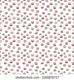 For food poster design. Wrapping paper. Seamless with cupcake on white, pink and gray Background. Vector illustration.