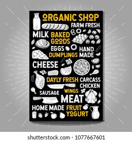 Food poster drawing organic market farm fresh. Sketch milk bottle mug poultry bakery bread cheese split carcass chicken sausage milk basket eggs jug spice dumplings meat fruit yogurt Hand drawn vector