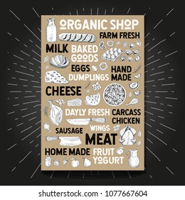 Food poster drawing organic market farm fresh. Sketch milk bottle mug poultry bakery bread cheese split carcass chicken sausage milk basket eggs jug spice dumplings meat fruit yogurt Hand drawn vector
