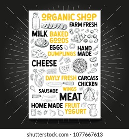 Food poster drawing organic market farm fresh. Sketch milk bottle mug poultry bakery bread cheese split carcass chicken sausage milk basket eggs jug spice dumplings meat fruit yogurt Hand drawn vector