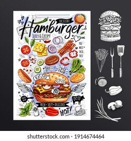 Food Poster, Fast Food, Ingredients, Menu, Burger. Sliced Veggies, Bun, Cutlet, Cheese, Meat, Bacon. Yummy Cartoon Style, Isolated. Hand Drew Vector.