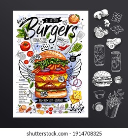 Food Poster, Fast Food, Ingredients, Menu, Burger. Sliced Veggies, Bun, Cutlet, Cheese, Meat, Bacon. Yummy Cartoon Style, Isolated. Hand Drew Vector.