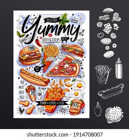 Food Poster, Fast Food, Set, Menu, Burger, Pizza Slice, Sandwich, Roll, Chicken, Fries, Hot Dog, Grilled Eggs, Snack. Yummy Cartoon Style, Isolated. Hand Drew Vector.